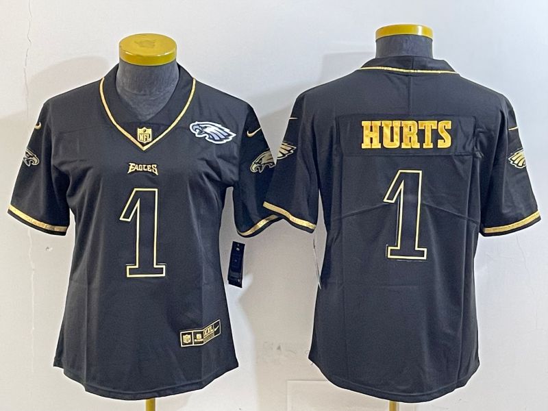 Youth Philadelphia Eagles #1 Hurts Black gold 2025 Nike Vapor Limited NFL Jersey style 3